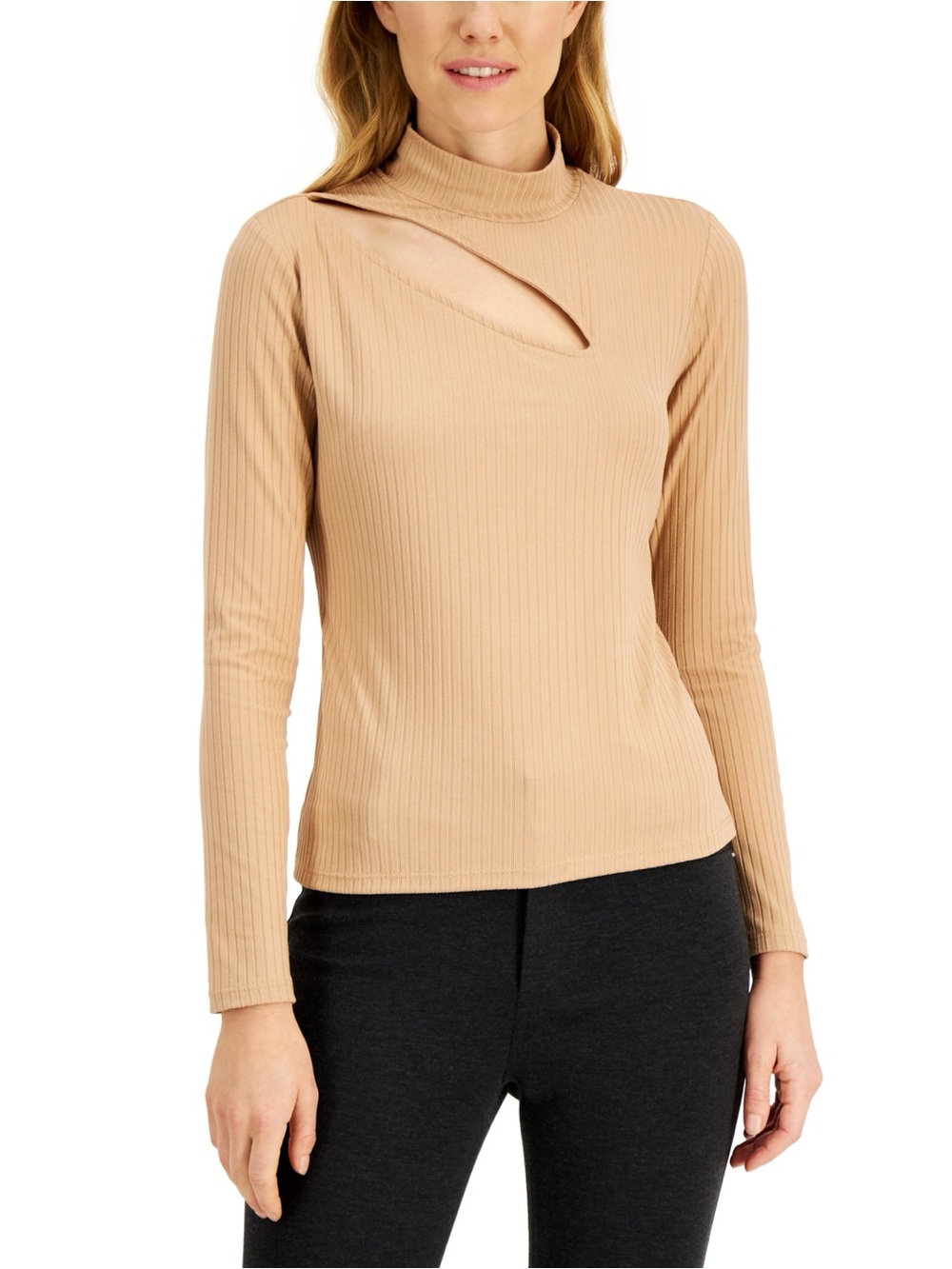 INC International Concepts Beige Ribbed Mock Neck Top with Cutout